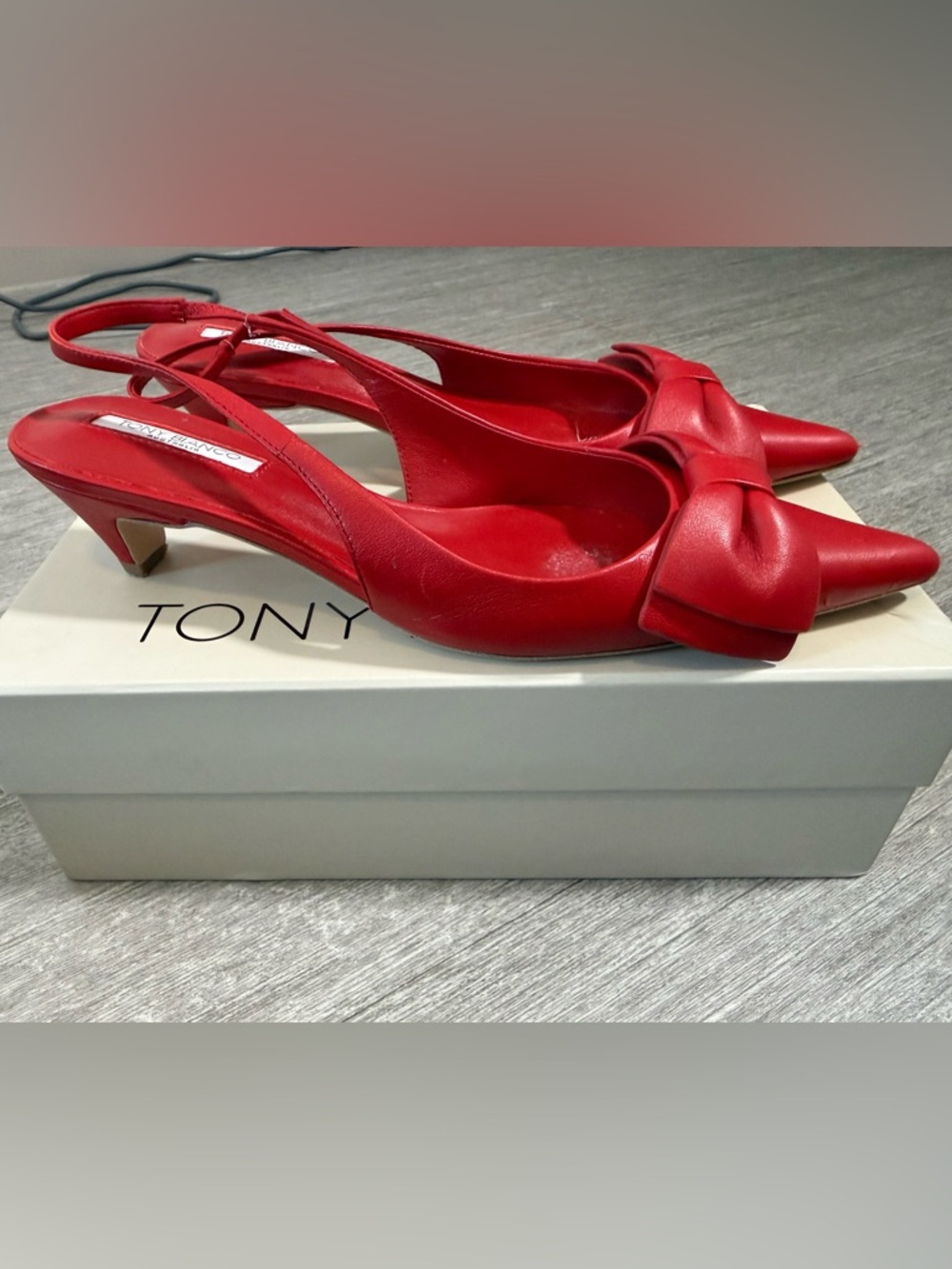 Tony Bianco Divine Ruby Red Leather Slingback Heels Bow‎ Pointed Toe Size 7.5